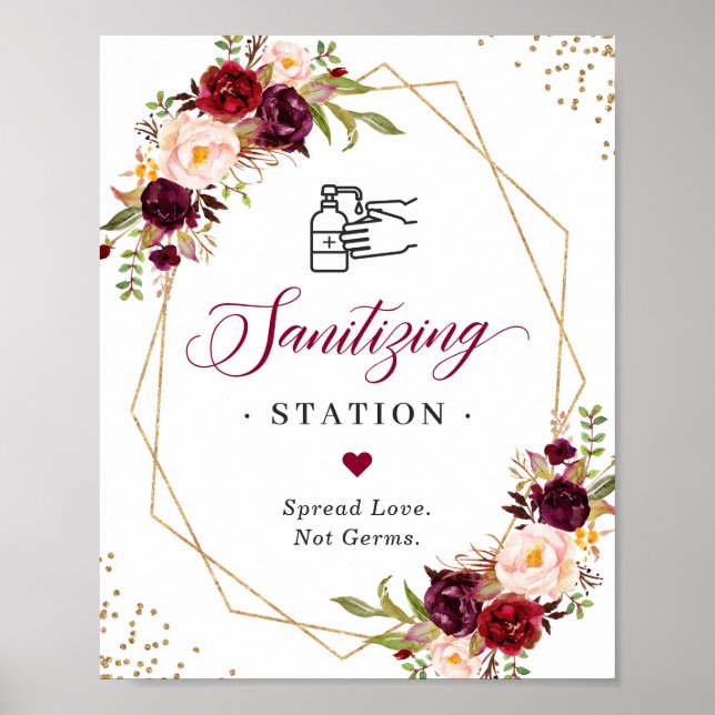 Póster Sanitization Station Rótulo Burgundy Floral Gold F (Frente)