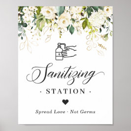 Póster Sanitization Station Rótulo Greenery White Roses
