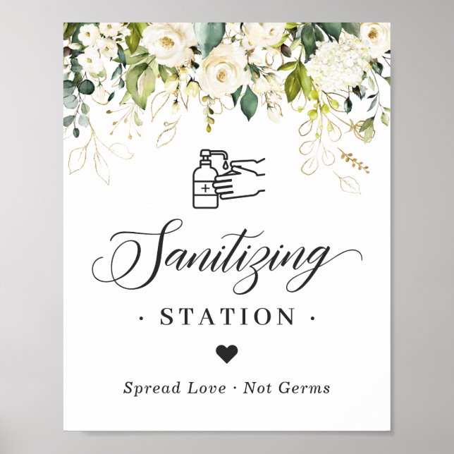 Póster Sanitization Station Rótulo Greenery White Roses (Frente)