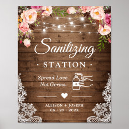 Póster Sanitization Station Rustic Floral String Lights