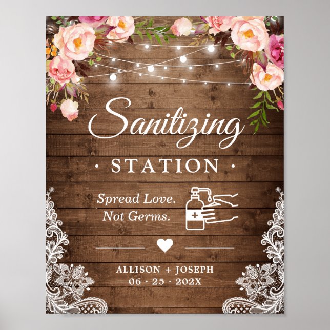 Póster Sanitization Station Rustic Floral String Lights (Frente)