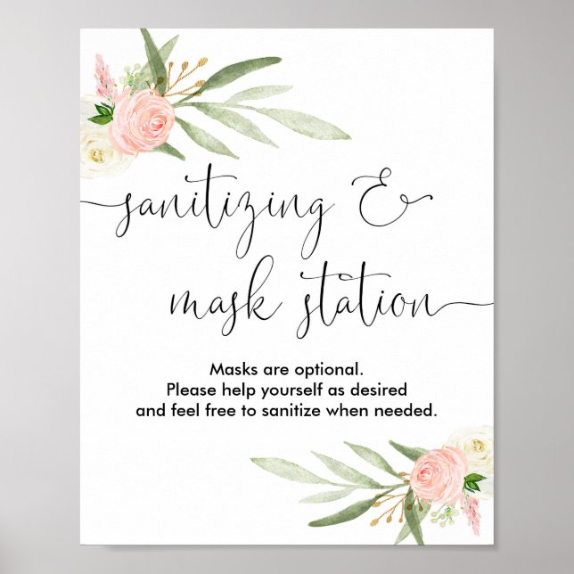 Póster Sanitizing mask station sign pink greenery gold (Frente)