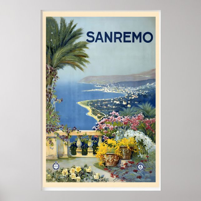 Póster Sanremo San Remo Mediterranean Italy World Travel (Frente)