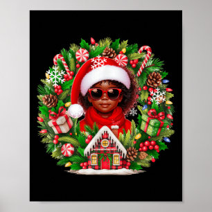 Póster Santa Afro Chica de niños Sungles Xmas Cirle flora