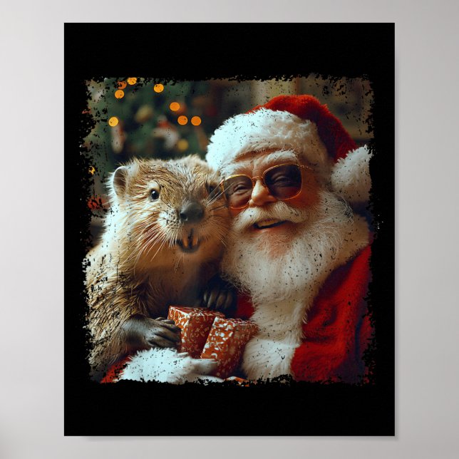 Póster Santa And Beaver Selfie Funny Christmas Design  (Frente)