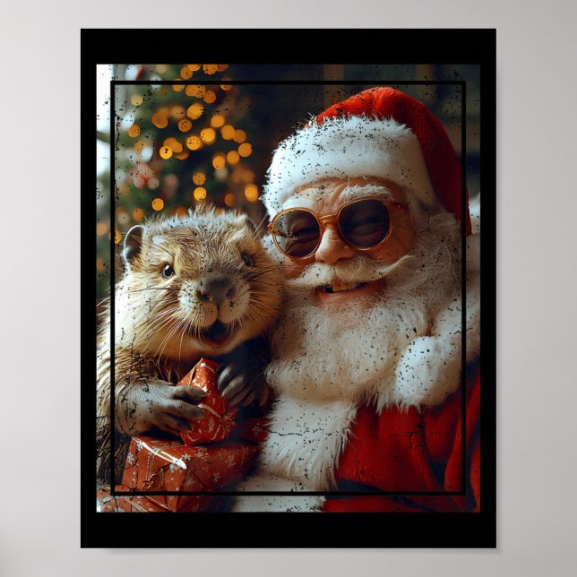 Póster Santa And Beaver Selfie Funny Christmas Design  (Frente)