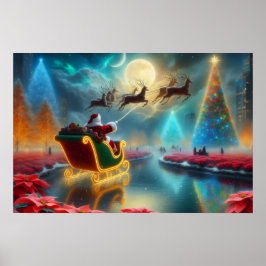 Póster Santa and His Reindeer Flying in the Sky Poster