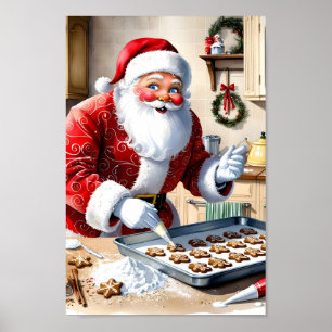 Póster Santa Baking Gingerbread Cookies Kitchen Wall Art