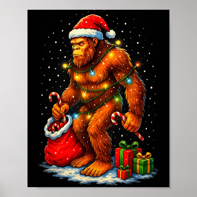 Póster Santa Bigfoot Christmas Lights Funny Sasquatch  (Frente)