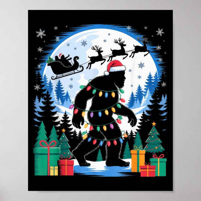 Póster Santa Bigfoot Christmas Lights Funny Sasquatch Bel (Frente)