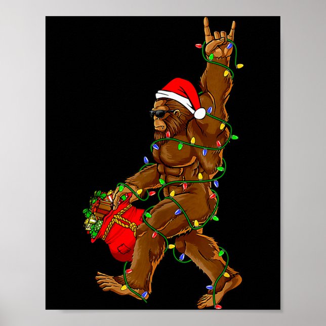 Póster Santa Bigfoot Christmas Lights Funny Sasquatch Bel (Frente)