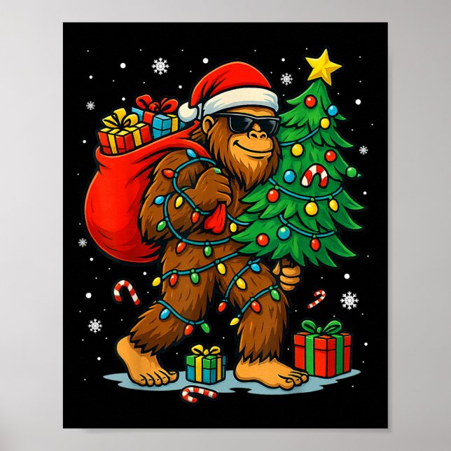 Póster Santa Bigfoot Christmas Tree Lights Xmas Boys Men  (Frente)