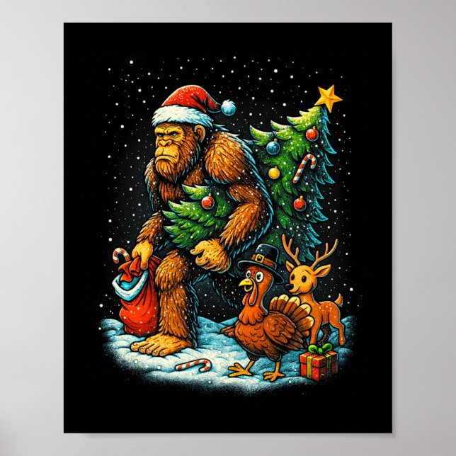 Póster Santa Bigfoot Christmas Tree Turkey Reindeer Thank (Frente)
