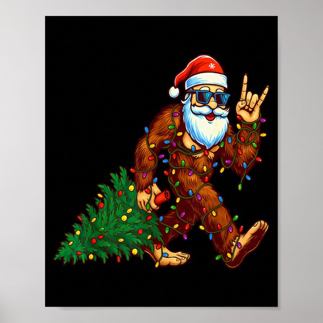 Póster Santa Bigfoot Christmas Tree Xmas Funny Christmas  (Frente)