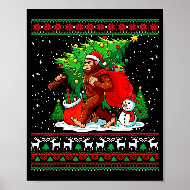 Póster Santa Bigfoot Christmas Tree Xmas Lights Funny Sas (Frente)