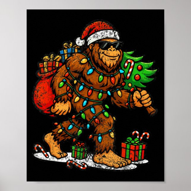 Póster Santa Bigfoot Christmas Tree Xmas Lights Funny Sas (Frente)