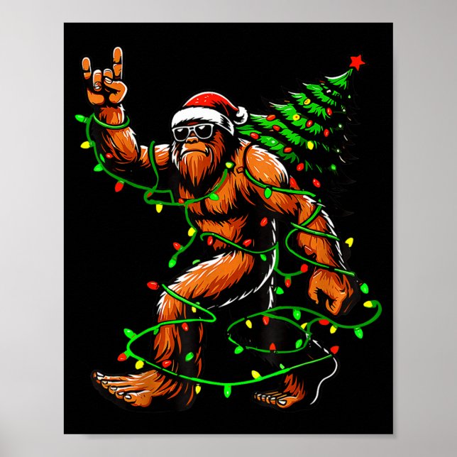 Póster Santa Bigfoot Christmas Tree Xmas Lights Funny Sas (Frente)