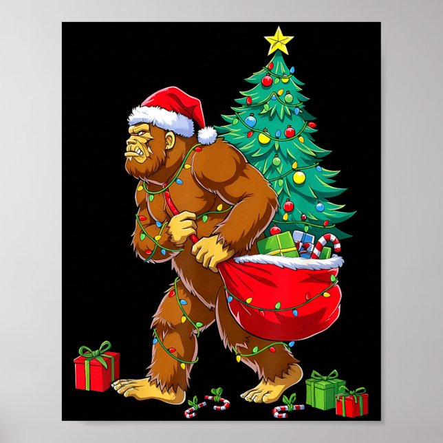 Póster Santa Bigfoot Christmas Tree Xmas Lights Funny Sas (Frente)