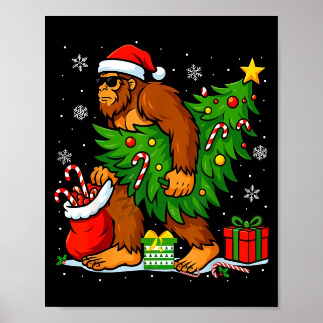 Póster Santa Bigfoot Christmas Tree Xmas Lights Funny Sas (Frente)