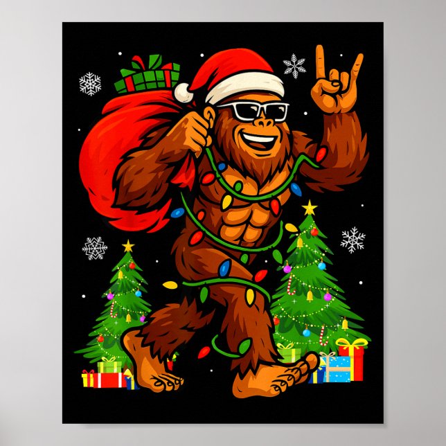 Póster Santa Bigfoot Christmas Tree Xmas Lights Funny Sas (Frente)