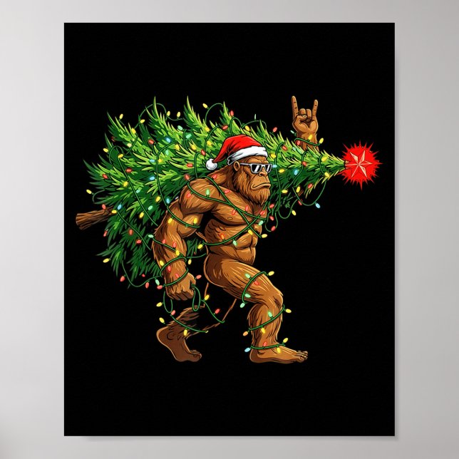 Póster Santa Bigfoot Christmas Tree Xmas Lights Funny Sas (Frente)