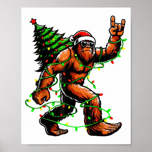 Póster Santa Bigfoot Christmas Tree Xmas Lights Funny Sas (Frente)