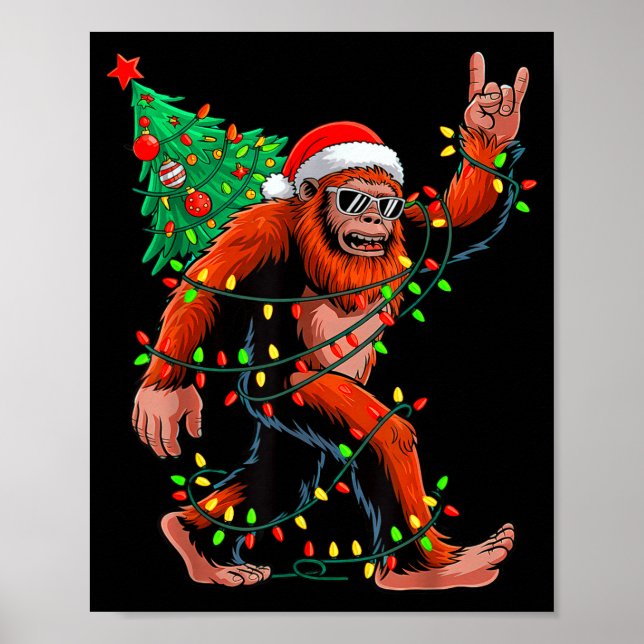 Póster Santa Bigfoot Christmas Tree Xmas Lights Sasquatch (Frente)