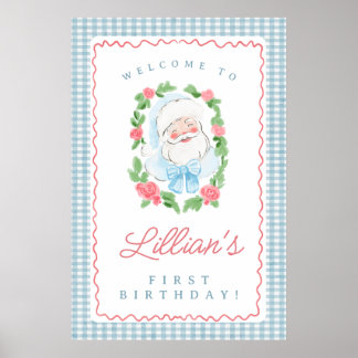 Póster Santa Birthday Sign with Blue Gingham and Roses