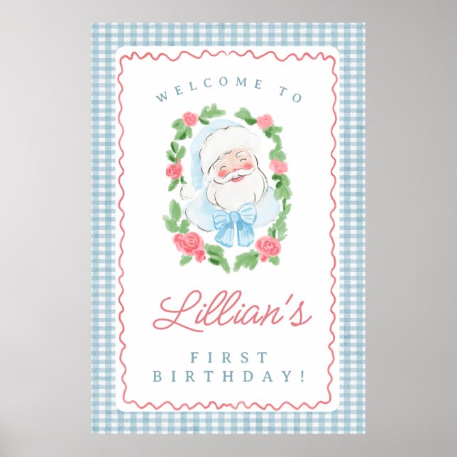 Póster Santa Birthday Sign with Blue Gingham and Roses (Frente)