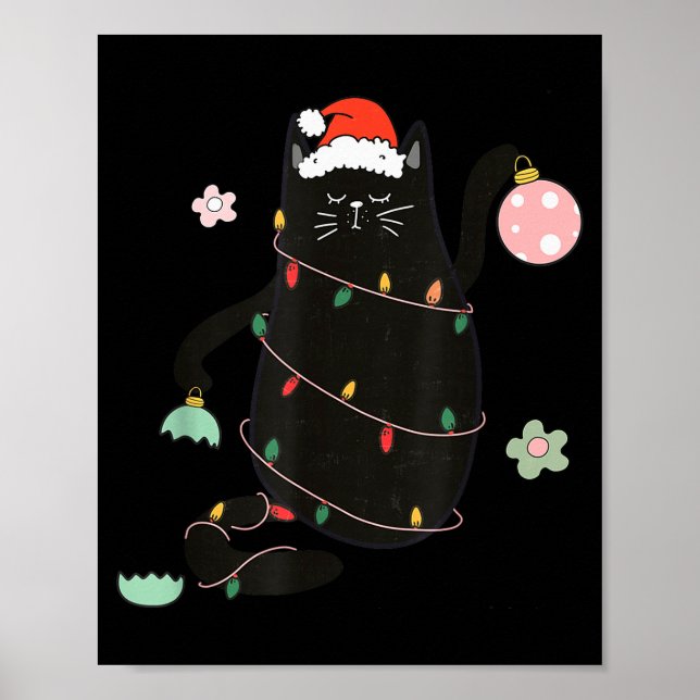 Póster Santa Black Cat Tangled Up In Christmas Tree Light (Frente)