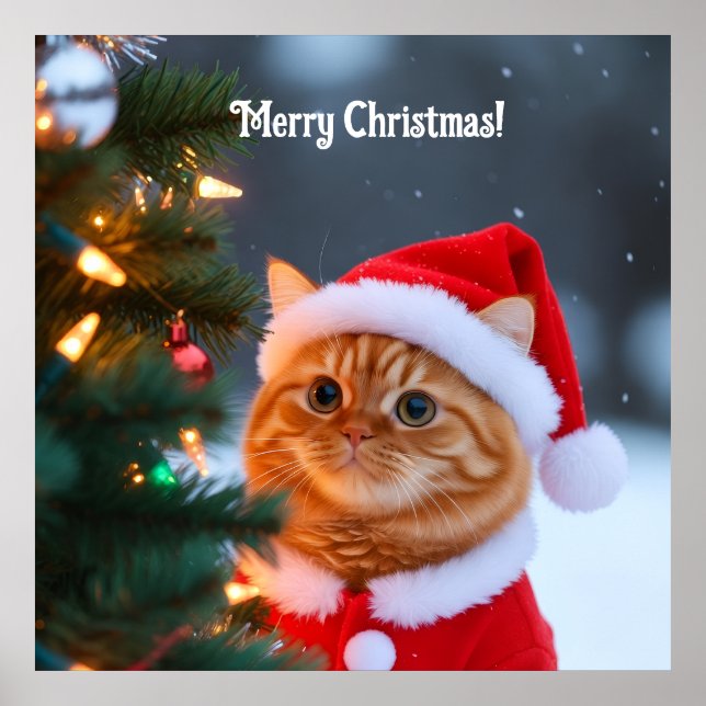 Póster Santa Cat Junto al Árbol de Navidad (Frente)