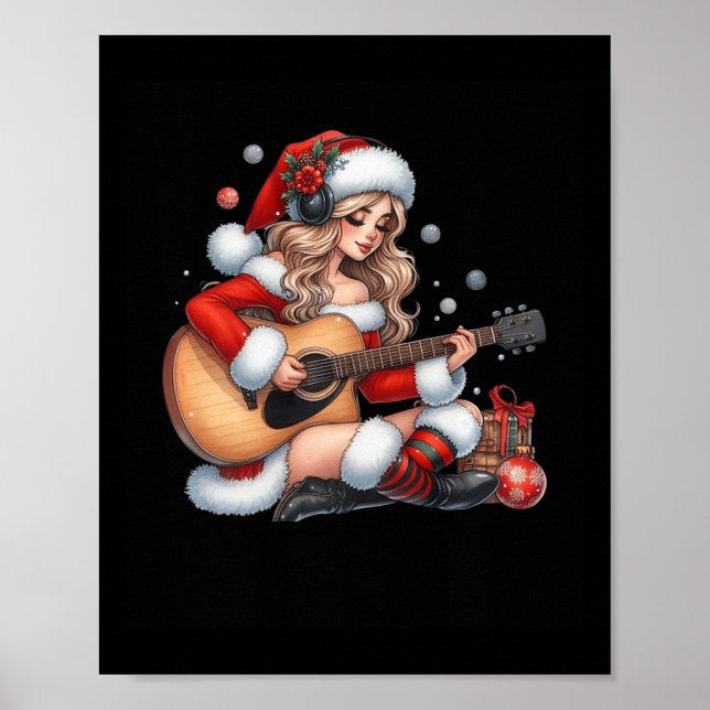 Póster Santa Chica toca guitarra Navidades divertidos mús (Frente)
