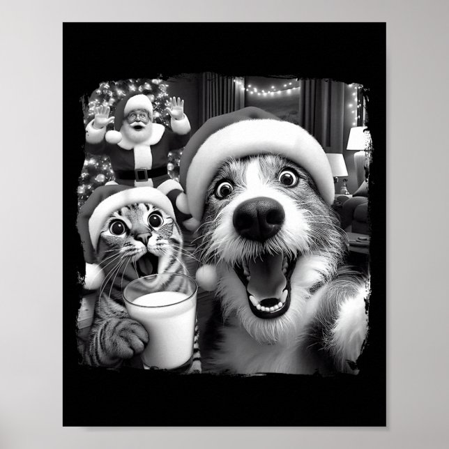 Póster Santa Christmas Funny Cat Taking Selfie Racoon Xma (Frente)