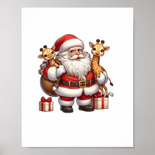 Póster Santa Claus americano sosteniendo regalo de jirafa
