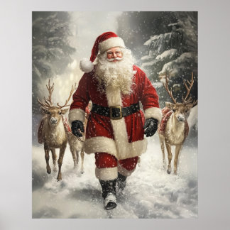 Póster Santa Claus and Reindeer Christmas Wall Art
