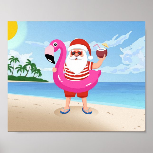 Póster Santa Claus con anillo inflable de flamingo (Frente)
