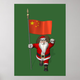 Póster Santa Claus Con Bandera De China