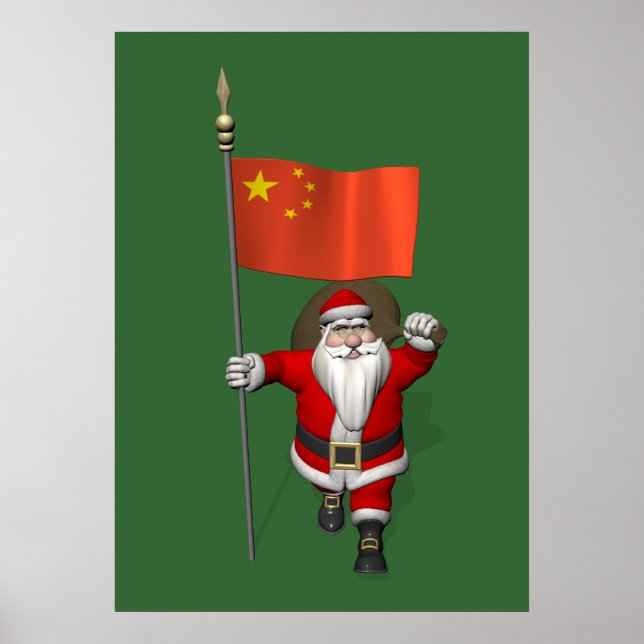 Póster Santa Claus Con Bandera De China (Frente)