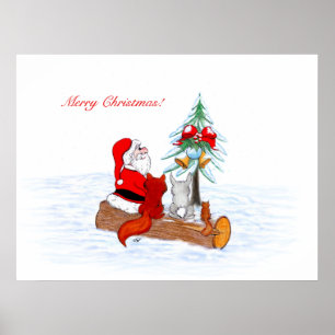 Póster Santa Claus con Fox de Conejo y Squirrel