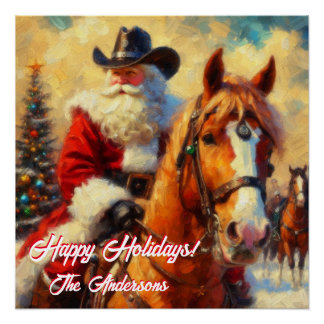Póster Santa Claus del Oeste y Navidades de caballos
