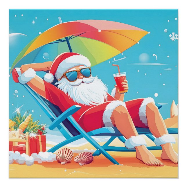 Póster Santa Claus descansando en una playa tropical con  (Anverso)
