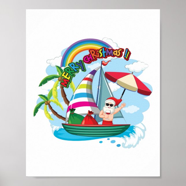 Póster Santa claus en el barco, tema de verano. (Frente)