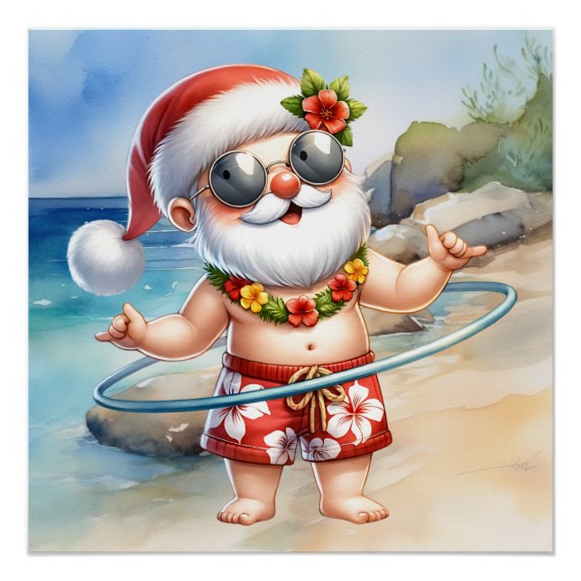 Póster Santa Claus en la playa para Navidades en julio (Anverso)