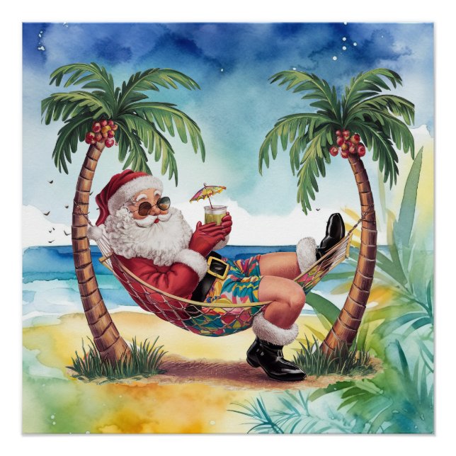 Póster Santa Claus en la playa para Navidades en julio (Anverso)