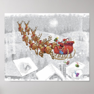 Póster Santa Claus en trineo con caja de regalo