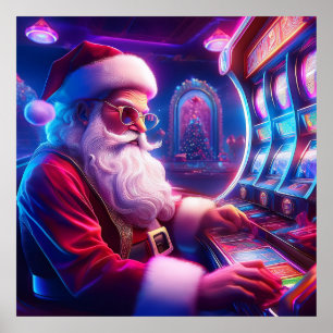 Póster Santa Claus Está Jugando Las Ranuras En El Casino