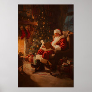 Póster Santa Claus leyendo junto al fuego Impresión, Vint