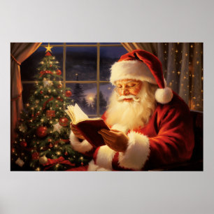 Póster Santa Claus leyendo por el árbol de Navidad