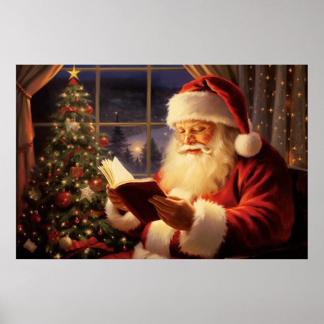 Póster Santa Claus leyendo por el árbol de Navidad (Frente)