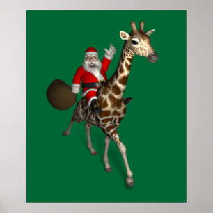 Póster Santa Claus montando una jirafa